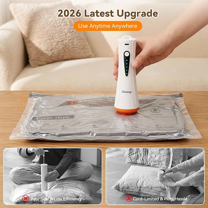 Vacuum Storage Bags for Travel with Rechargeable Air Pump, 12 Pack Space Saver Bags for Clothing, Luggage & Suitcase Compression, Efficient & Portable Storage Solution for Travel Essentials
