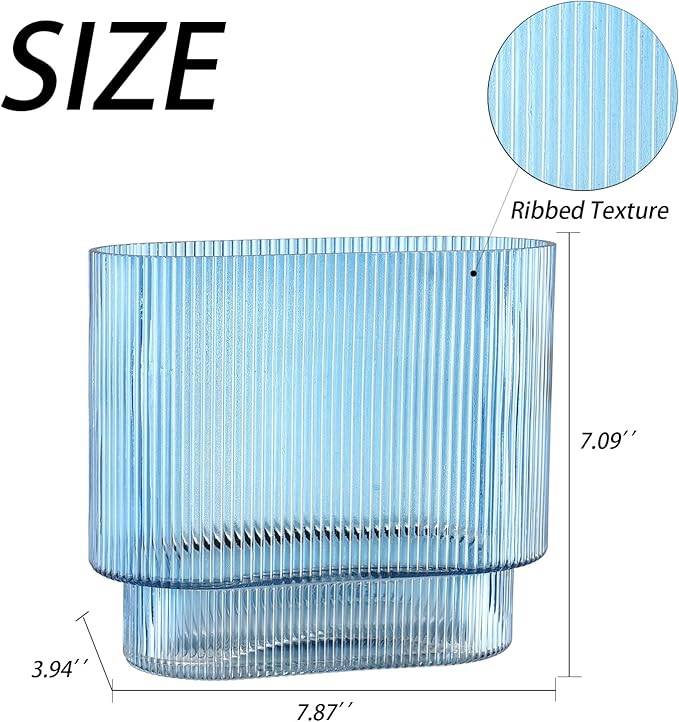 Ribbed Glass Vase, Blue Glass Vase, Fluted Short Vases for Flowers, Modern Vases for Living Room, Dining Room, Bathroom, Desk, Shelf, Wedding, Office, 7 Inches