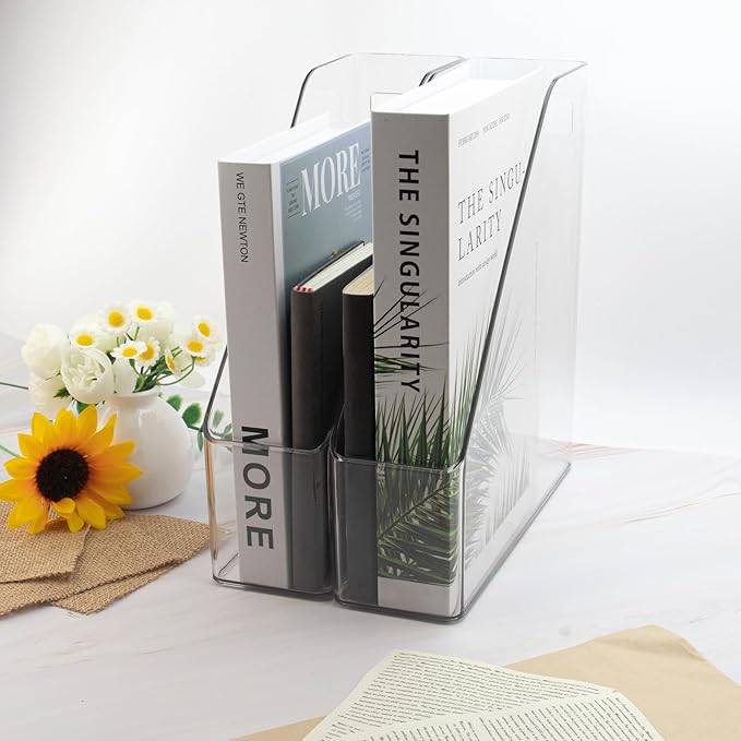 Magazine Holder, 2 Pack Acrylic Magazine File Holder,A4 Vertical File Organizer with Handle for Desk,Clear Document Rack File Folder Storage Bin