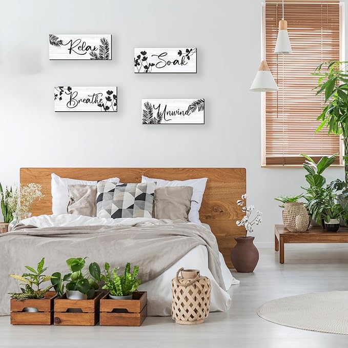 4 Pcs Farmhouse Bathroom Wall Decors Relax Soak Unwind Breathe Wooden Word Sign Black Hanging Wall Art Rustic Office Wall Decor for Bedroom Living Room Vintage Decorations(Black Leaves 10X4 Inch)