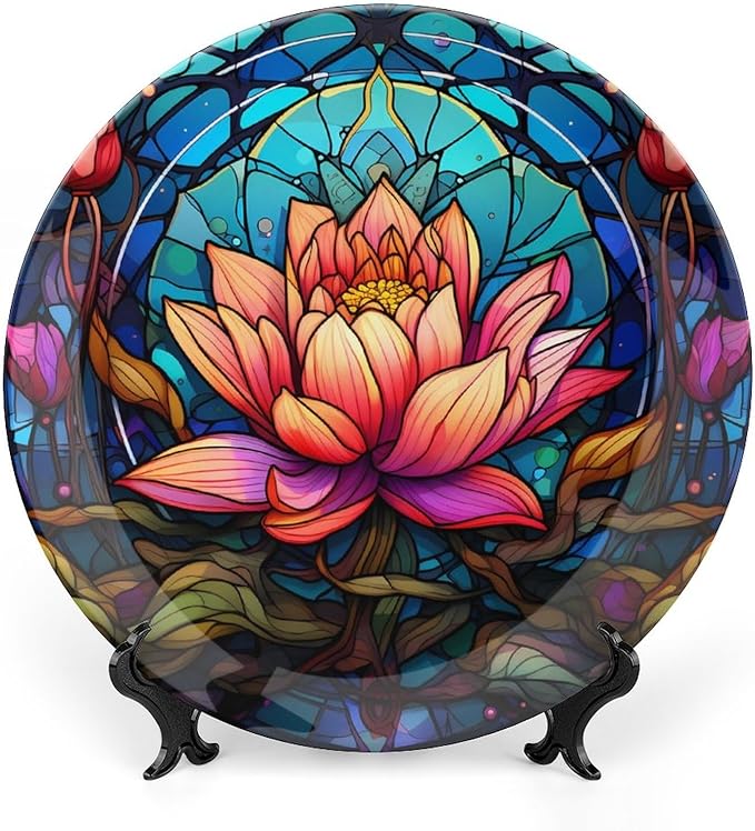 Decorative Plates, Stained Glass Design Gothic Mandala Lotus Ceramic Dinner Plate Home Wobble-Plate with Display Stand, Wall Hanging Decor for Kitchen Household 8 Inch, Gifts for Lotus Lover