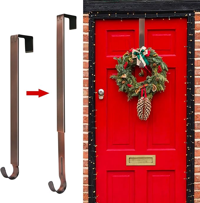 Wreath Hanger for Front Door, Adjustable Black Wreath Hanger from 15 to 25 Inches, 20 lbs Larger Door Upgrade Christmas Wreaths Decorations Hook (Bronze)