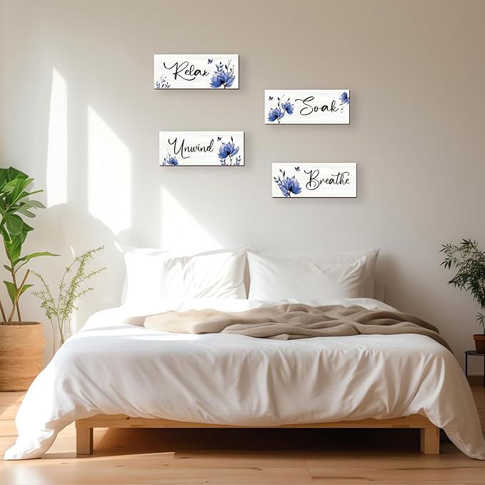 ONIZHITY Set of 4 Blue Bathroom Decor With Navy Blue Flower Wall Decor Inspire Relax Soak Unwind Breathe Rustic Farmhouse Wooden Wall Art for Bedroom Office Living Room Kitchen Decoration(Blue 10x4)