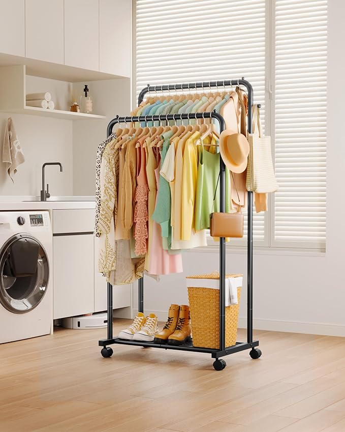 Clothes Rack - Double Rods Clothing Rack with Mesh Shelf, Hooks & Wheels, Metal Clothing Racks for Hanging Clothes & Bags, Multifunctional Garment Rack for Laundry, Black, 28.7" x 16.5" x 59.1"