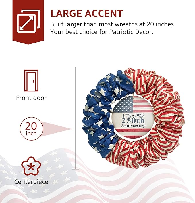 4th of July Wreath for Front Door - 20 inch Memorial Day Patriotic Decorations Outdoor, Red White and Blue 1776-2026 USA 250th Anniversary Burlap American Flag Door Wreaths