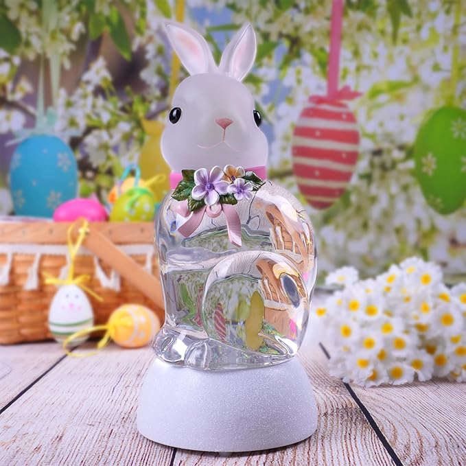 Spring Rabbit Snow Globe Lantern, Rabbit Snowglobe Decor with Swirling Glitter, 6H Timer, USB or Battery Powered, Bunny Decoration for Spring Party Easter Day Decor and Gift (Rabbit)