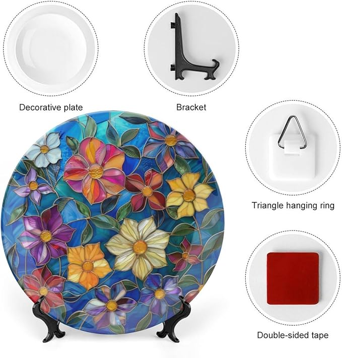 Stained Glass Theme Decorative Ceramic Plate Round Porcelain Plate,6 inch,Colorful Flowers Pattern,for Decorative Ornaments Giving Plates, 1 Plate with 1 Display Stand,Multicolor