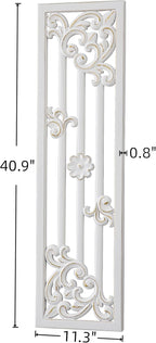 Sintosin Vintage Decorative Wood Panels for Walls 41 Inch, Hanging Distressed White and Gold Wall Art Decor, Handmade Rustic Floral Wood Wall Pediments for Living Room Bedroom Kitchen Hallway