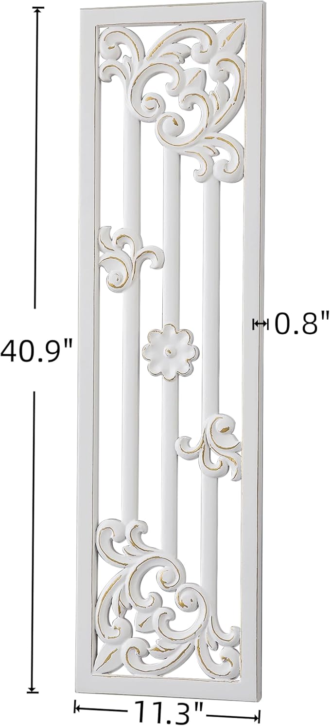 Sintosin Vintage Decorative Wood Panels for Walls 41 Inch, Hanging Distressed White and Gold Wall Art Decor, Handmade Rustic Floral Wood Wall Pediments for Living Room Bedroom Kitchen Hallway