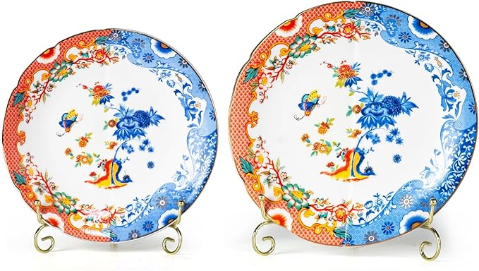 KAMMAK Ceramic Decorative Plate Set of 2, Porcelain Plates for Kitchen Dining Room Wine Cabinet Home Decor, Vintage Collector Plates with 2 Display Stand, Lotus Pattern (8-inch + 10-inch)