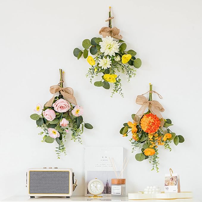 Artificial Teardrop Wreath, 17inch Decorative Swag with Flower and Eucalyptus Leaves, Hanging Simulation Flowers Bouquet, Spring Summer Wall Swag for Wedding Arch Wall Decor(#3)