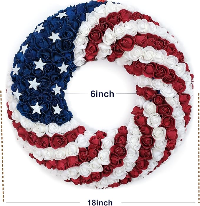 18Inch Patriotic Roses Wreath, 4th of July Summer Soft Touch Foam Roses Wreath for The Front Door, Handcrafted Memorial Day Artificial Flowers for Indoor and Outdoor