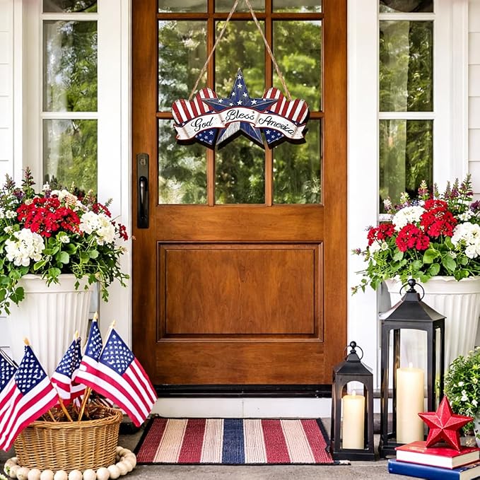 Wooden 4th of July Decorations Patriotic Wreath Independence Day Decorations Front Door with Star Sign god Bless America Sign Welcome Memorial Day Hanging for Home Wall Decor Outdoor Indoor