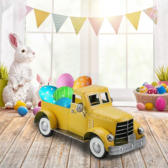 Vintage Farmhouse Yellow Fall Truck Decor, Rustic Metal Car Trucks Decors, Indoor Kitchen Storage Decorations, Outdoor Farm Pick-up Collectible Sunflower Pumpkin Vehicles