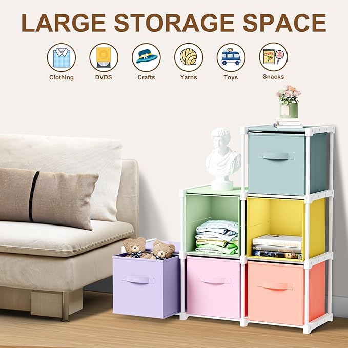 6 Cube Storage Organizer with Shelf Back to School Boxes 11 Inch Toy Storage Bins Closet Organizers Drawers Fabric Dresser for Playroom Books Bedroom Dorm Kitchen (Multiple Colors)