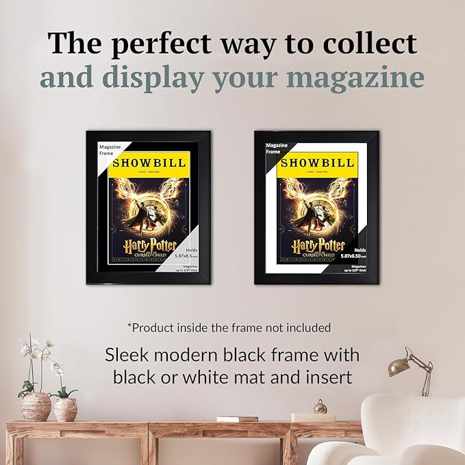 Creative Picture Frames 5.87 x 8.5 Magazine Theatre Show Frame with Full-Strength Glass, Holds Up To A 1/4" Thick Media with Installed Hangers for Easy Mounting, 8x10 Black Frame with Black Mat