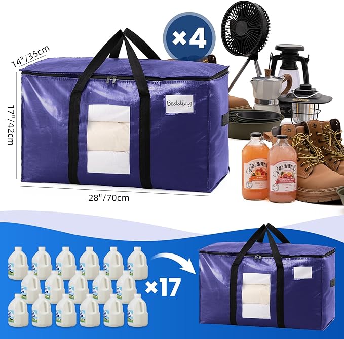 TAILI 4 Pack Dark Blue Extra Large Moving Bags, Heavy Duty Totes with Visible Window, Wrap Around Handles, Great for Storage