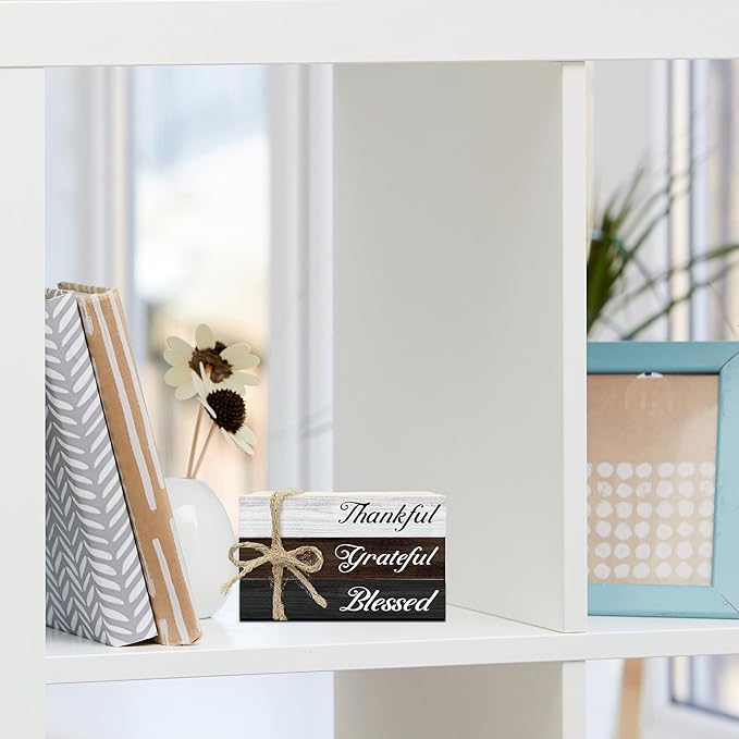 Decorative Books For Home Decor, Wood Book Stack For Table Decor, Thankful Grateful Blessed Decoration Books For Living Room Bookshelf Office, Thanksgiving Farmhouse Stacked Books Decoration (L76)