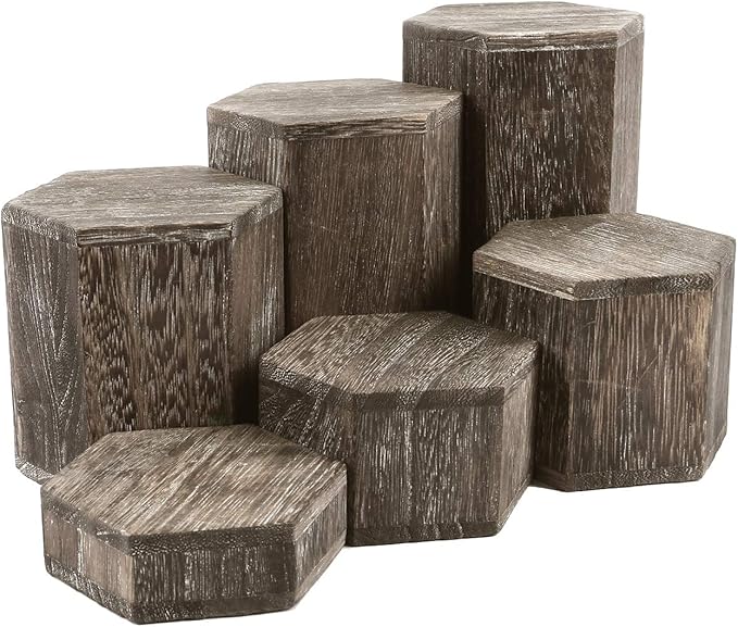 MOOCA Wooden 6 Pcs Hexagon Risers for Display Jewelry and Accessories Display Stand, Coffee