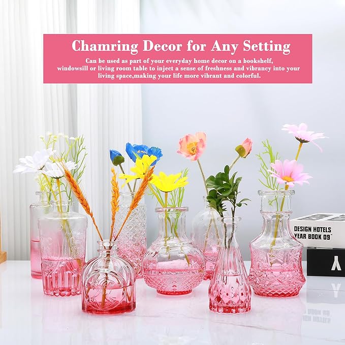 Brajttt Pink Small Flower Vase Set, Glass Bud Vase in Bulk Set of 8,Artistic and Cultural Flavor Mini Vases for Home Office Decor, Bedroom, Office, Living Room Decorations,Wedding