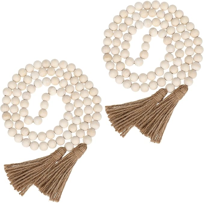 IMIKEYA Wooden Beads Garland: 2PCS Farmhouse Wood Bead Garland for Tiered Tray Farmhouse s Hanging Wood with Tassels Prayer Rustic s for Coffee Table Decor