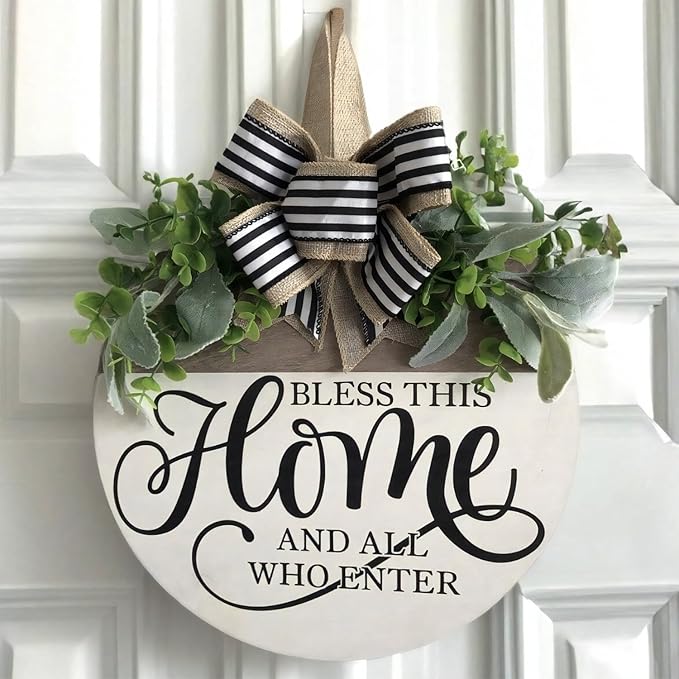 Welcome Sign for Front Door, Rustic Round Wood Wreaths Wall Hanging Outdoor Decor, Porch Fence Decorations Hanging Gift for Home Outdoor for Spring Summer Fall All Seasons Holiday, Bless This Home