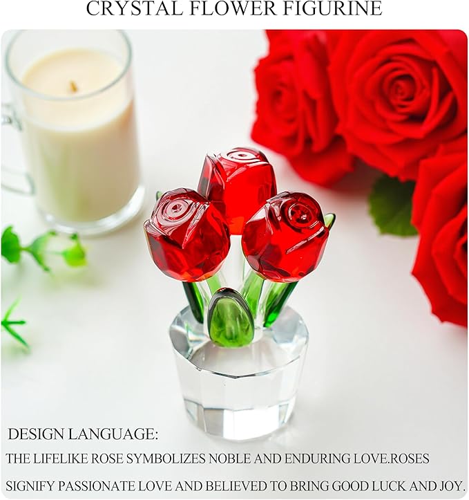 3.2 * 2in Handmade Crystal Red Rose Bouquet Figurine Romantic Rose Flower Gifts for Wife Mom on Birthday Wedding Anniversary