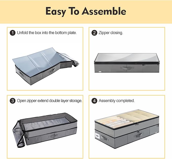 Large Under Bed Storage Containers, 2-Pack Double Layer Underbed Storage Bins with 3 Handles, 70L Extensible/Closed Clothes Storage Organizer with Sturdy Bottom Sidewalls, Grey