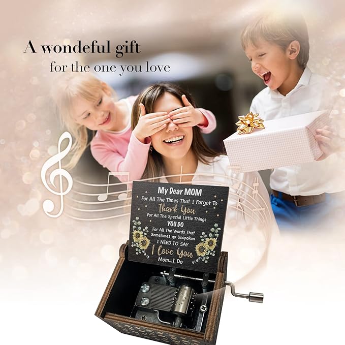 Sunflower Music Box Gifts for Dear Mom from Son on Birthday Christmas Mothers Day You are My Sunshine Hand Crank Engraved Wooden Musical Boxes Black