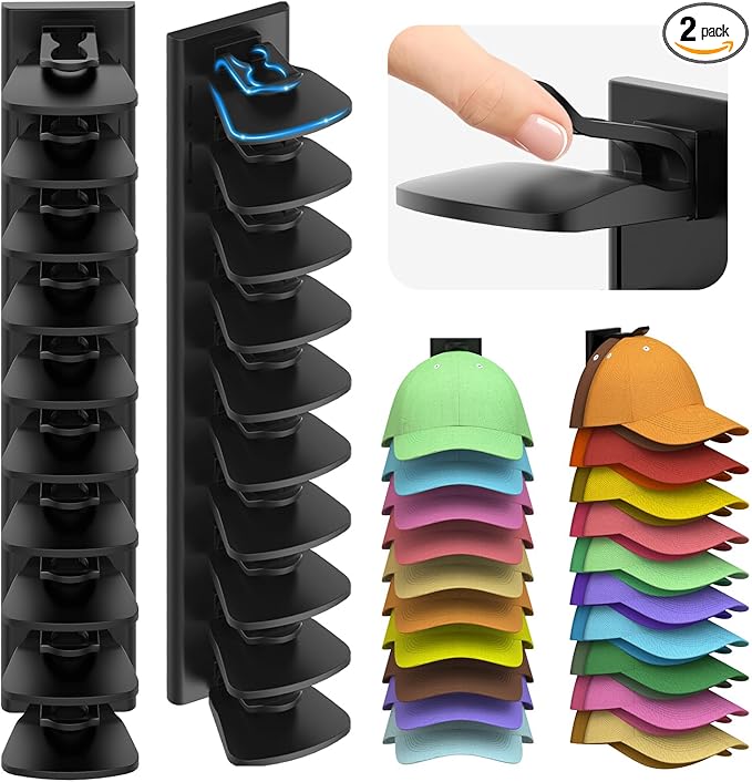 Hat Organizer for Baseball Caps, 2 Pack Hold Up to 40 Hats, Hat Rack for Wall Space Saving, Hat Hanger w/Strong Adhesive Hat Storage Holder Display for Closet Door and Wall (Black)