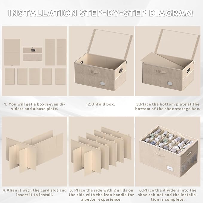 2 Pack Shoe Organizer for Closet Large Shoe Box Storage Containers with Clear Window Space Saving Shoe Bin with Foldable Bottom Support Adjustable Dividers Fits 36 Pairs (Beige, (24.4*16.5*13inch)x2)