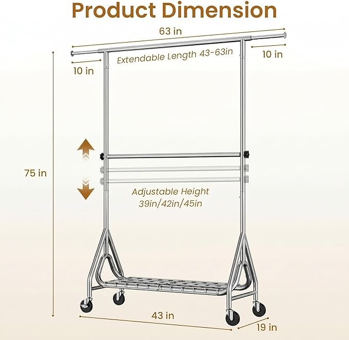 Heavy Duty Clothes Rack for Hanging Clothes, Double Rods Clothing Rack with Lockable Wheels, Rolling Garment Racks with Shelf, Easy to Assemble, Silver