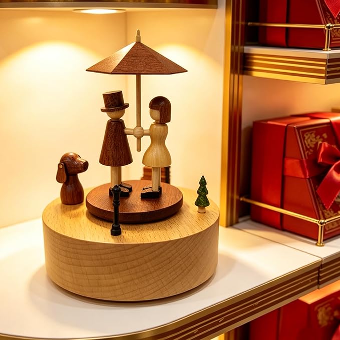 Briskfeel Wooden Music Box with Rotating Couple Holding up an Umbrella - Plays You are My Sunshine Mechanical Musical Box - Gift for Birthday, Valentine's Day, Wedding, Anniversary