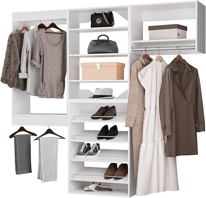 ROOMTEC Modular Closet System, 84" Wall Mounted Modern Closet Organizer with Hanging Rods and Shoe Shelf, Wooden Tower for Walk-In Closets, Wardrobe Storage Kit, White