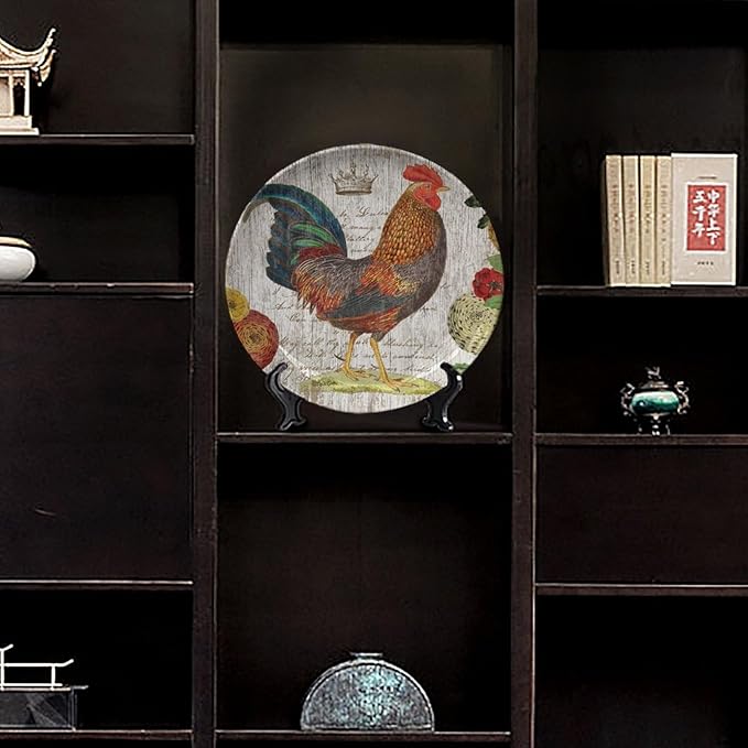 Rooster Decorative Plates, 10 Inch, Crown Chicken In Flowers Round Display Plate, Hanging Decorative Plate with Display Stand, for Home Kitchen Bedroom Decorative Ornaments