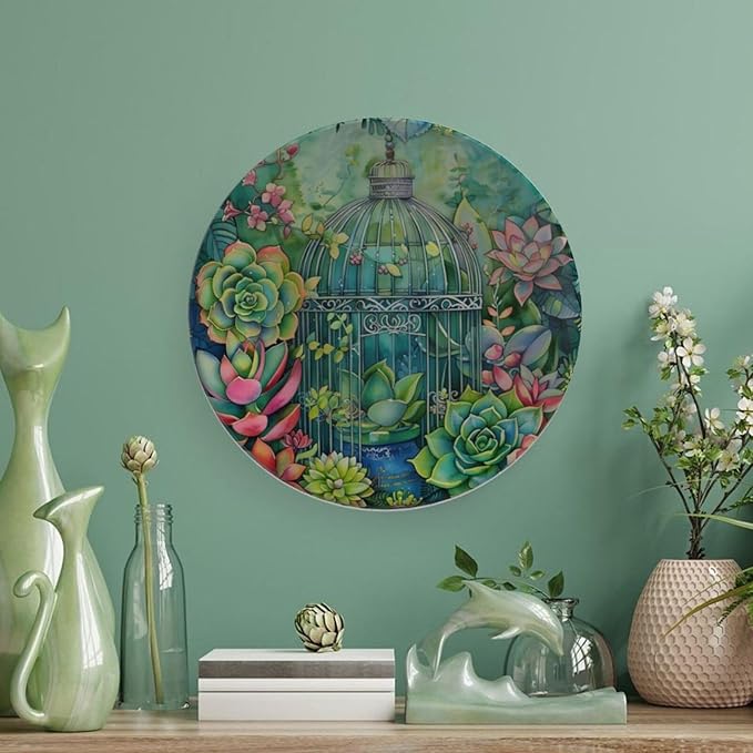 Garden Scenery Theme Decorative Ceramic Plate Round Porcelain Plate,Succulents and Bird Cage Pattern,for Decorative Ornaments Giving Plates, 1 Plate with 1 Display Stand,Green,6 inch