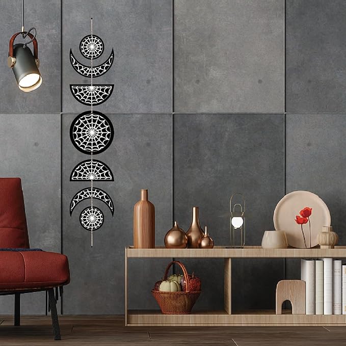 CREATCABIN 7Pcs Spider Web Moon Phase Wall Hanging Halloween Moon Cycle Bohemian Wall Decor Moon Wooden Ornaments Hang Vertical Decorative Gifts for Home Farmhouse Gallery Apartment Bar 37.1x6.3in