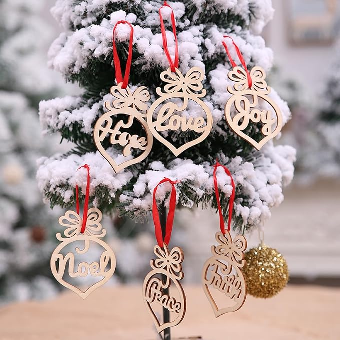 24 Pieces Hollow Ornaments Xmas Tree Wooden Hanging Tags Crafts Pendant Decor, Rustic Farmhouse Christmas Ornaments Holiday Wedding Party Decorations