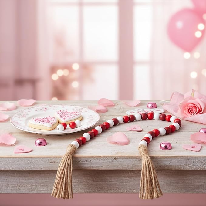 Equsion Seasonal Wooden Bead Garland with Tassels, 3.3 ft Holiday Vintage Boho Bead Garland Easter Tray Decoration, Vase Wall Room Art Birthday Party Decoration(Burgundy, Red, White)