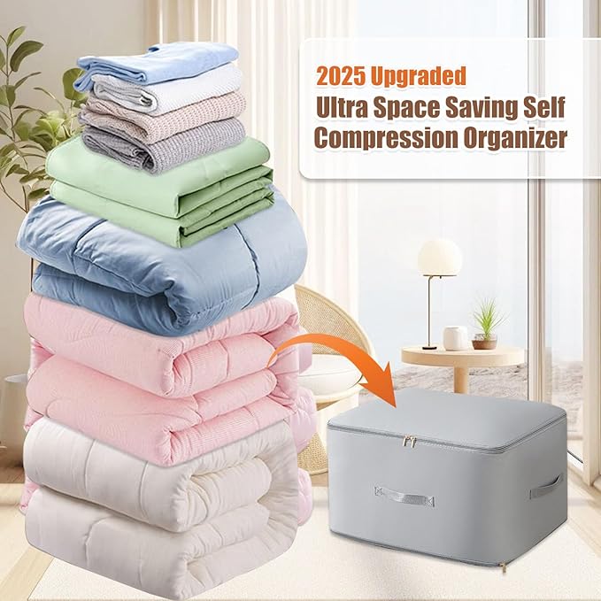 Ultra Space Saving Self Compression Organizer, Upgraded Space Saving Self Compression Organizer Space Bags, Premium Comforter Packaging Cube Bedding Storage Bag (Pink, Large 54×42×30cm)
