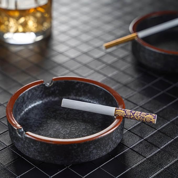 Ceramic Ashtray Stylish Indoor & Outdoor Cigarette Ashtray for Home, Coffee Bars, and Patios，Lava Dazzling Black (Medium Size)(2PCS)