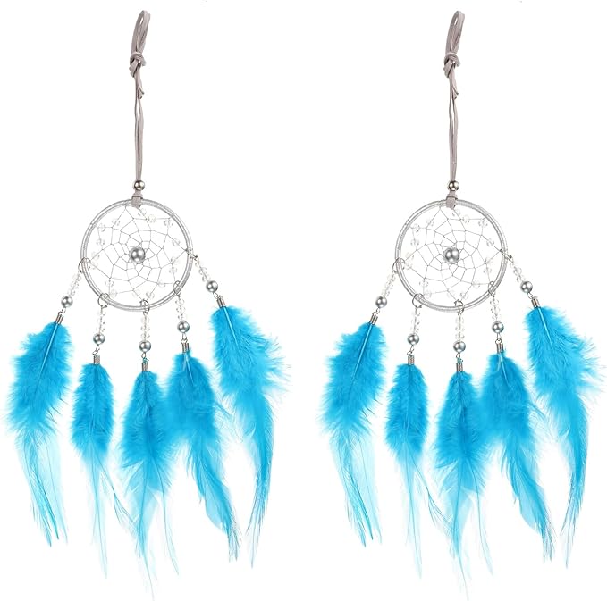 uxcell 2pcs Dream Catchers, Small Handmade Feather Dreamcatcher Supplies Car Charm with Crystal Beads Wall Hanging Decor for Home Car Decoration Ornament Women Friend Gift, Blue