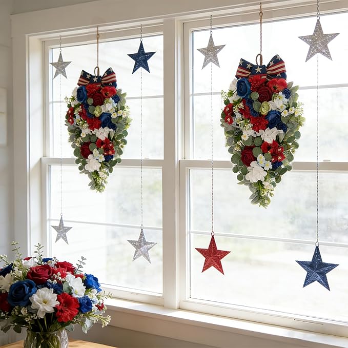 Idyllic 2 Pcs Red White and Blue Floral Swag with Roses, Hydrangea & Daisies | Patriotic Hanging Door Decor for 4th of July Memorial Day Front Door