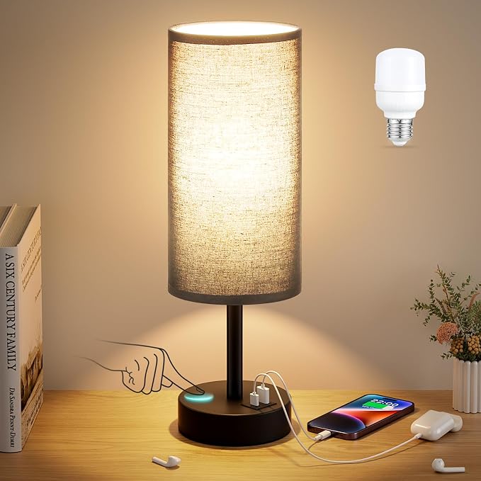 Dicoool Black Touch Bedroom Lamp with USB - 3 Way Dimmable Table Lamp for Bedroom, Nightstand Lamp with Black Charging Station for Desk Dorm, Office, Boy Kids Room, Small