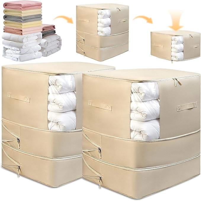 2 Pack Space Saving Comforter Storage Bag with Handle, 3-Layer Compression Blanket Storage Bags Adjustable In 3 Sizes (142L, 107L, 71L), Washable Bedding Organizer For Pillow Duvet Clothing Plush Toy