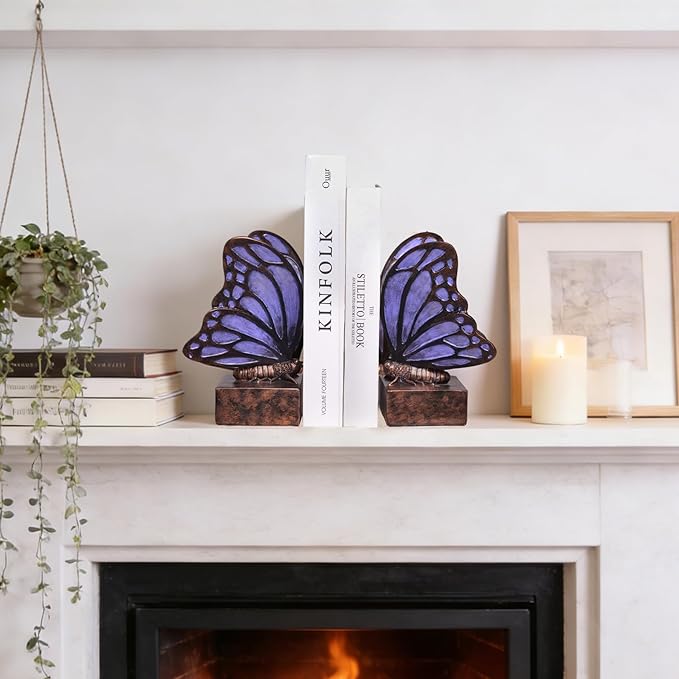 Vintage Purple Butterfly Bookends,Resin Book Ends for Shelves,Heavy Duty Decorative Bookends,Creative Book Stopper Holder Decor for Desk Home Office,Shelf Decoration,Gifts for Mother's Day