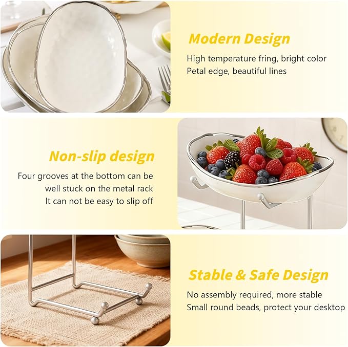 jessie 2 Tier Ceramic Fruit Bowl for Kitchen Counter with Metal Rack, Fruit Basket with Stand, Porcelain Bowls for Vegetable Bread Candy Snack Nuts Dessert Cake Tray (Silver 2 layer)