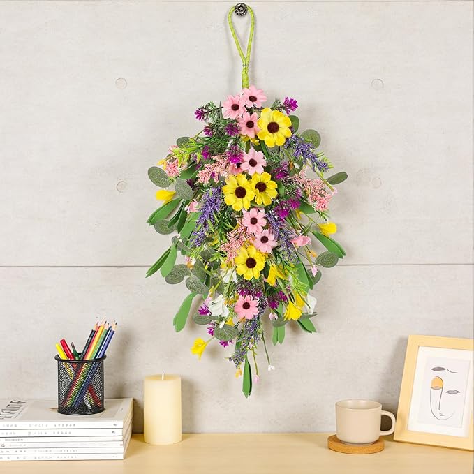 4 Pcs Spring Swags for Front Door, 23.6" Artificial Floral Teardrop Swags with Sunflowers Daisies Lavender, Spring Porch Decor Swag for Farmhouse Wall Window Cabinet Easter Decorations