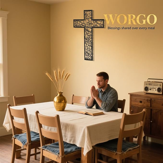 WORGO Metal Cross for Wall Crosses Wall Decor for Spiritual Home Decor and Gifting Metal Wall Art Christian Home Decor for Living Room Dining Room Bathroom (Black, 29.9" L x 19.8" W)