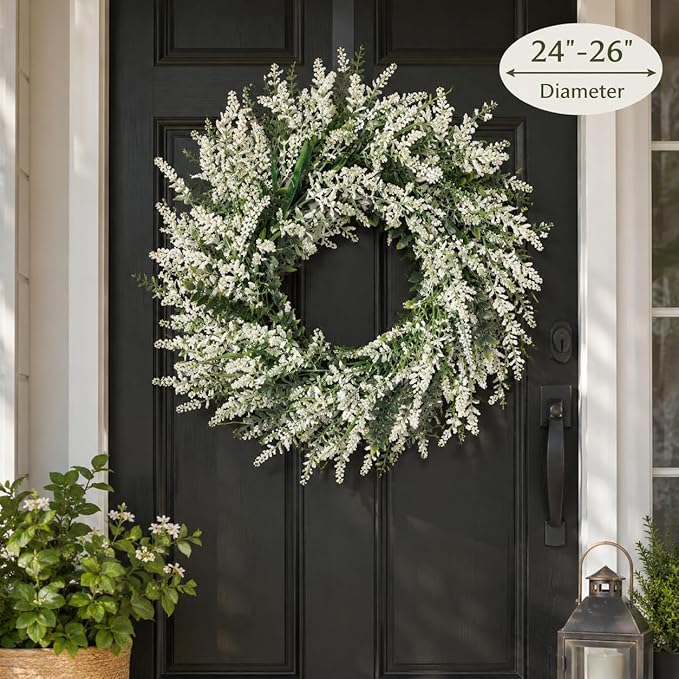 26'' Large Lavender & Eucalyptus Wreath for Front Door - Artificial Eucalyptus Leaves Greenery Outdoor Wreath for Wedding Farmhouse Porch Wall Room Home Decor (White)